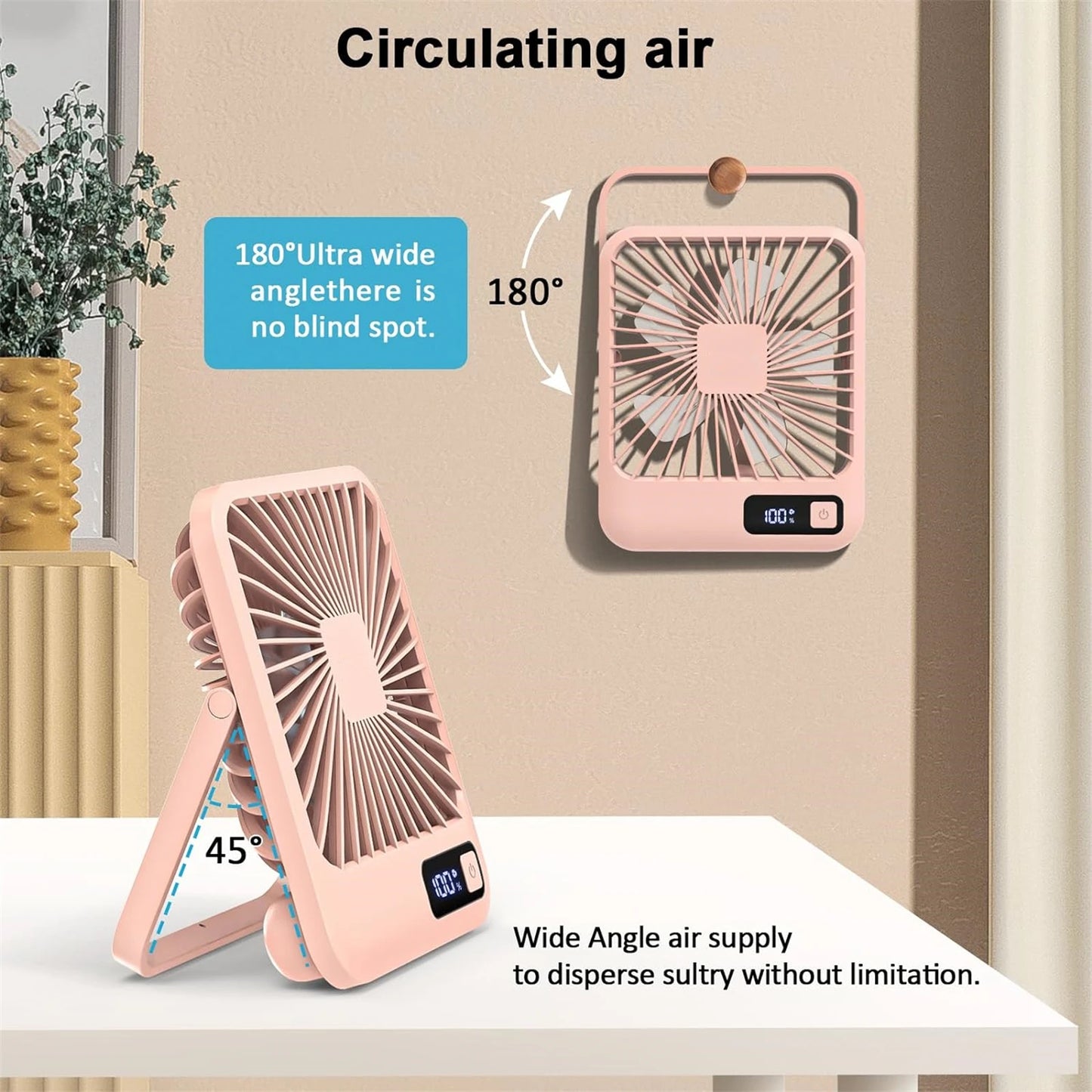 Desk Fan, Portable USB Rechargeable Fan, 180° Tilt Folding