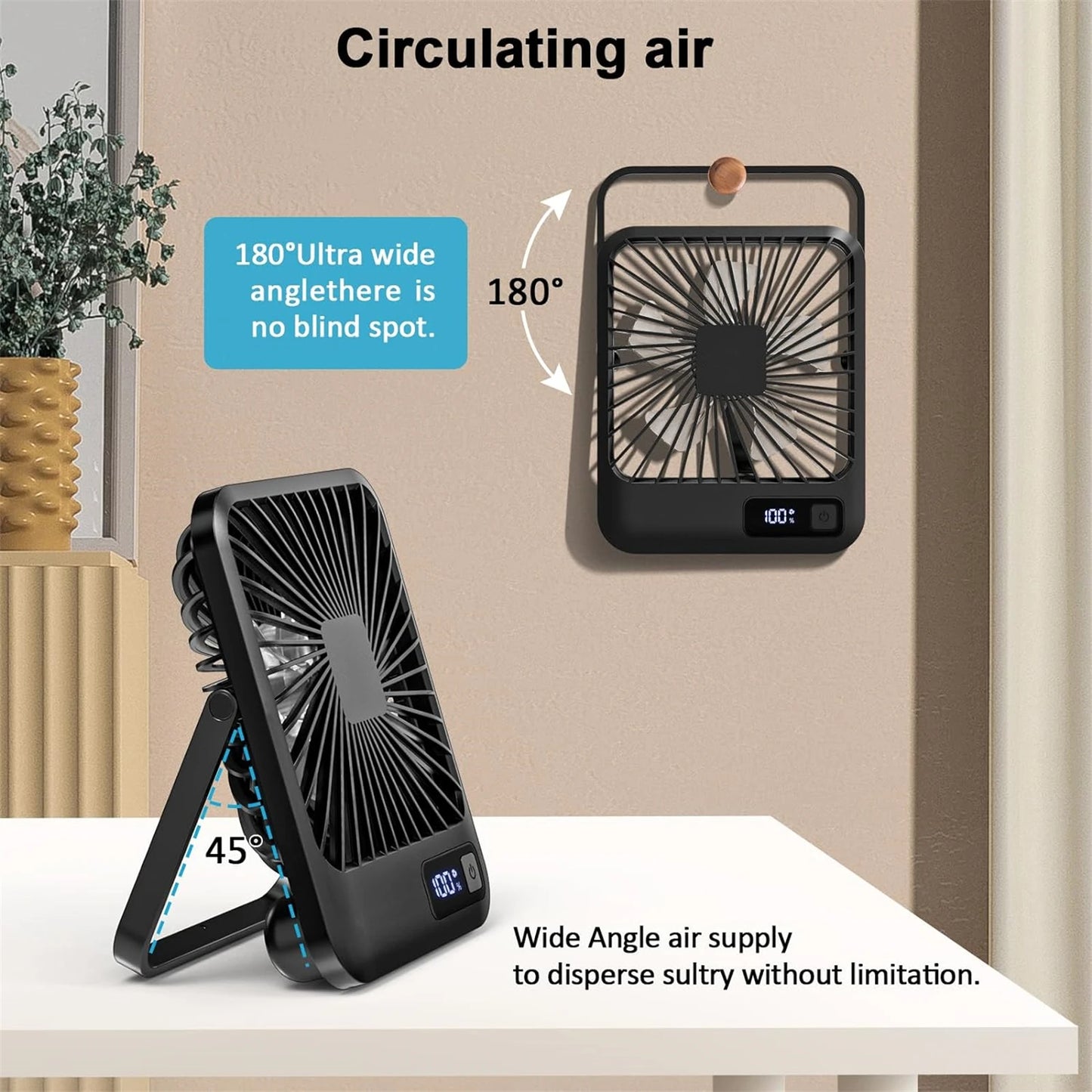Desk Fan, Portable USB Rechargeable Fan, 180° Tilt Folding