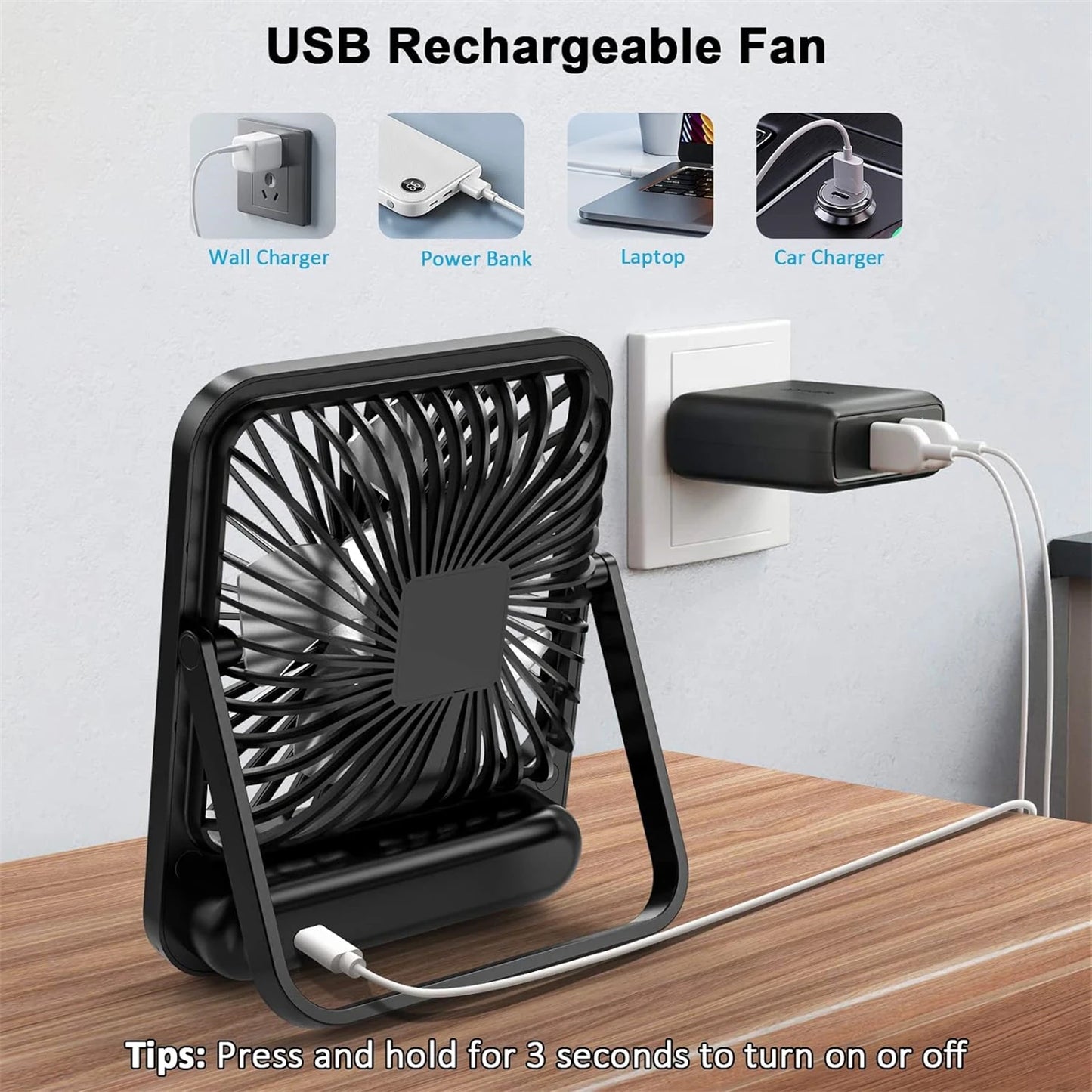 Desk Fan, Portable USB Rechargeable Fan, 180° Tilt Folding