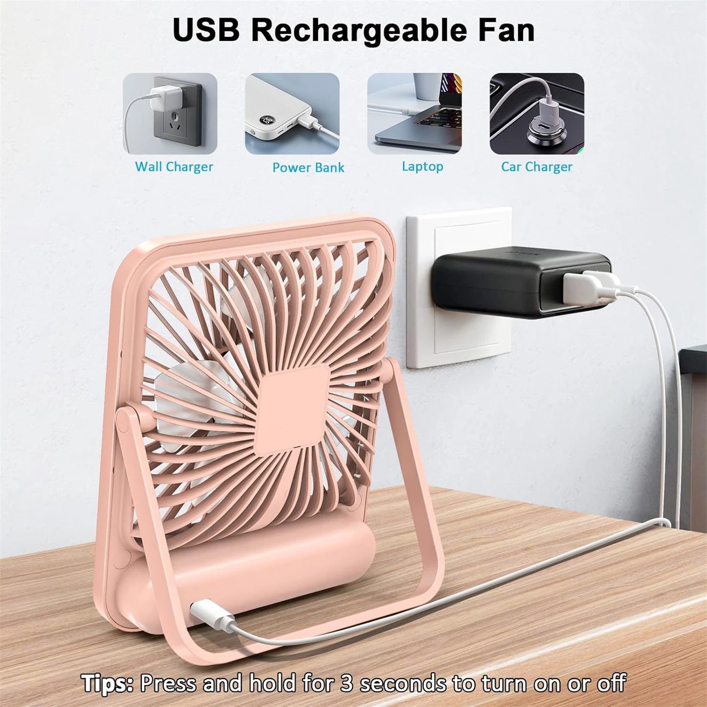Desk Fan, Portable USB Rechargeable Fan, 180° Tilt Folding