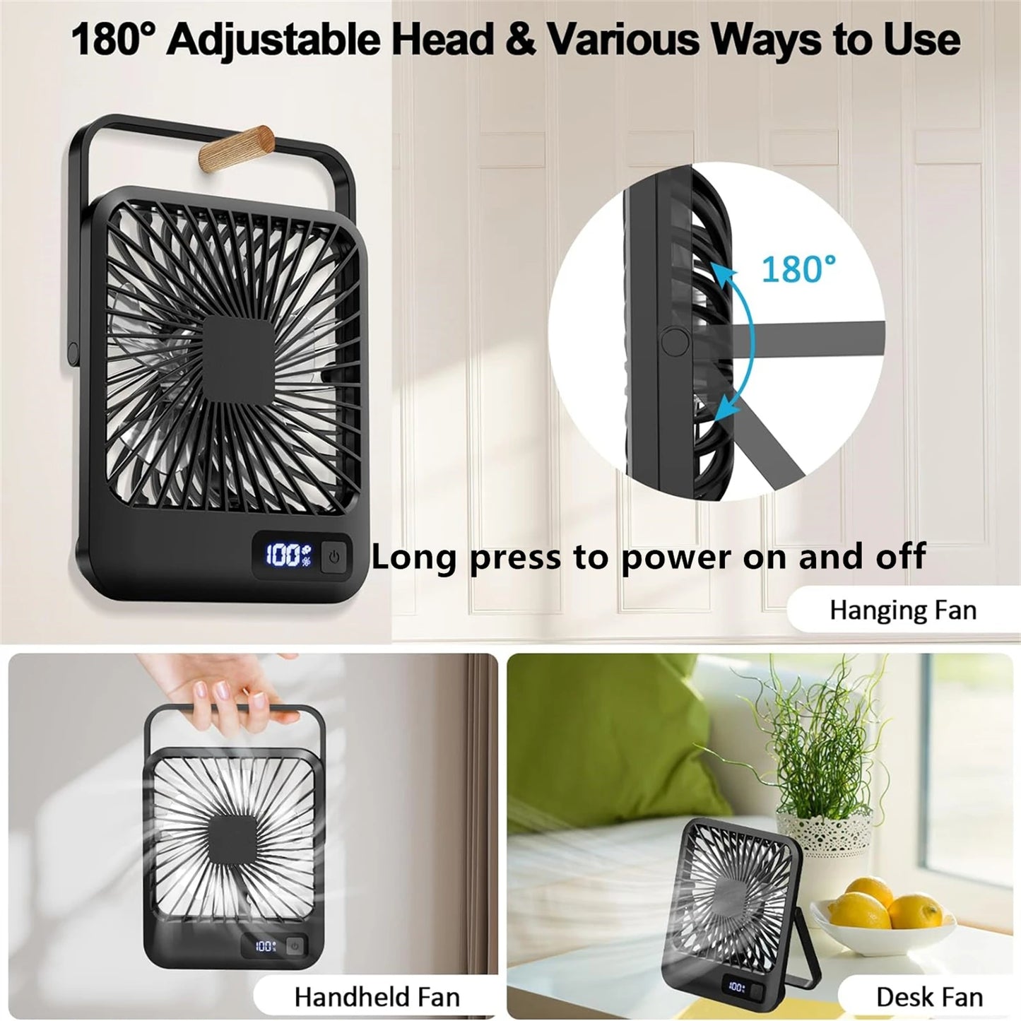 Desk Fan, Portable USB Rechargeable Fan, 180° Tilt Folding