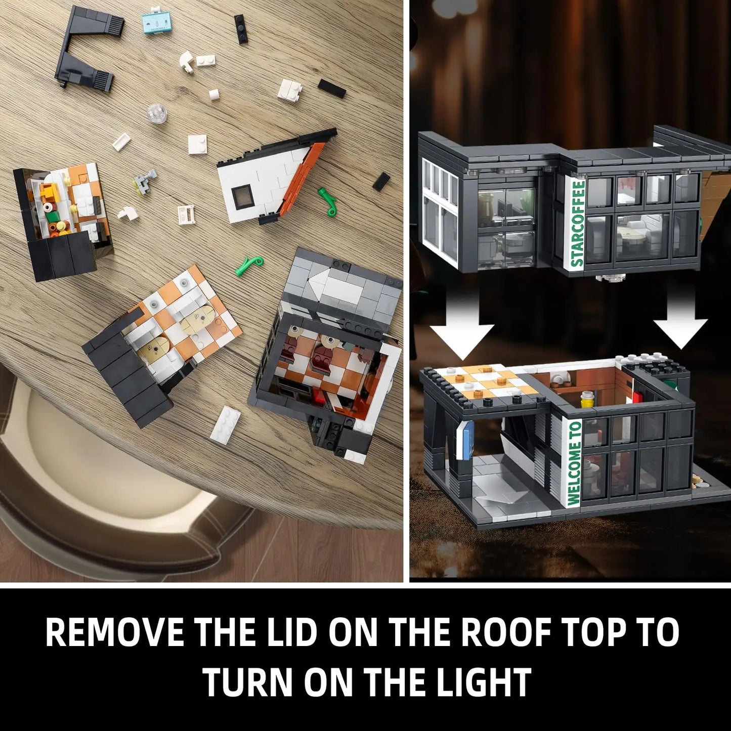 City Coffee House Building Blocks Set for Adults, Street View Construction Toy with Light, Christmas Gift for Kids (581 PCS)